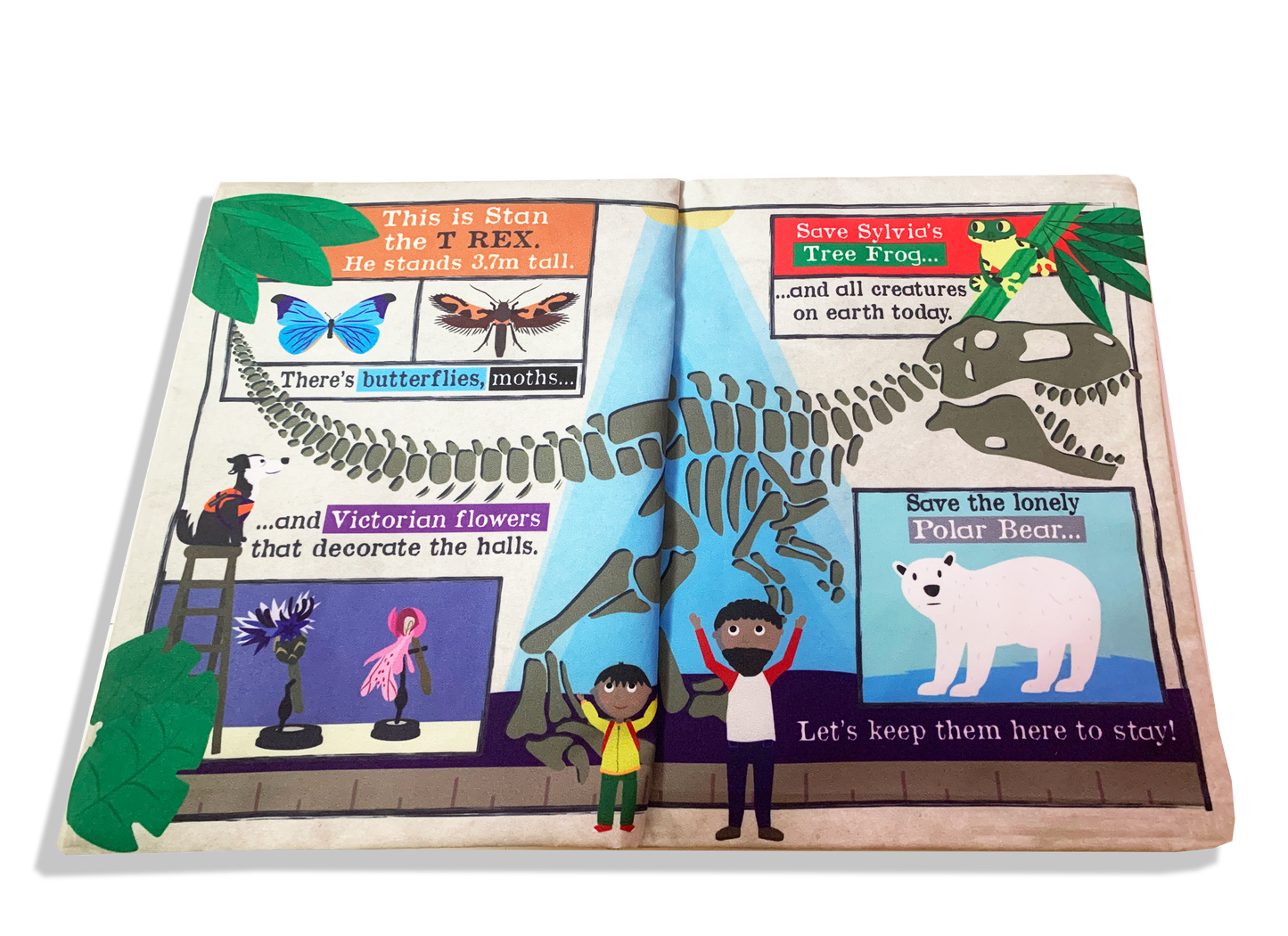 The cloth book open to a set of pages with Stan the trex on.