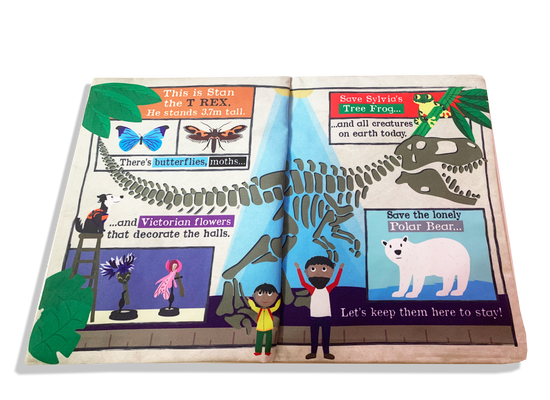 The cloth book open to a set of pages with Stan the trex on.