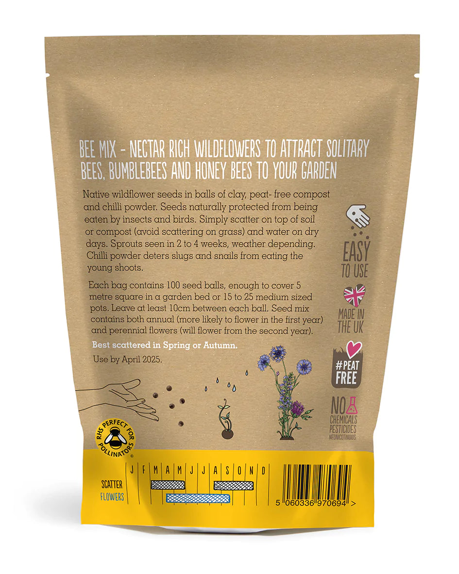 The back of the brown paper bag with white and black sans serif font giving the seeding instructions . At the bottom is a yellow border which shows the months best for sowing, March through may and August through November with flowering from April to September.
