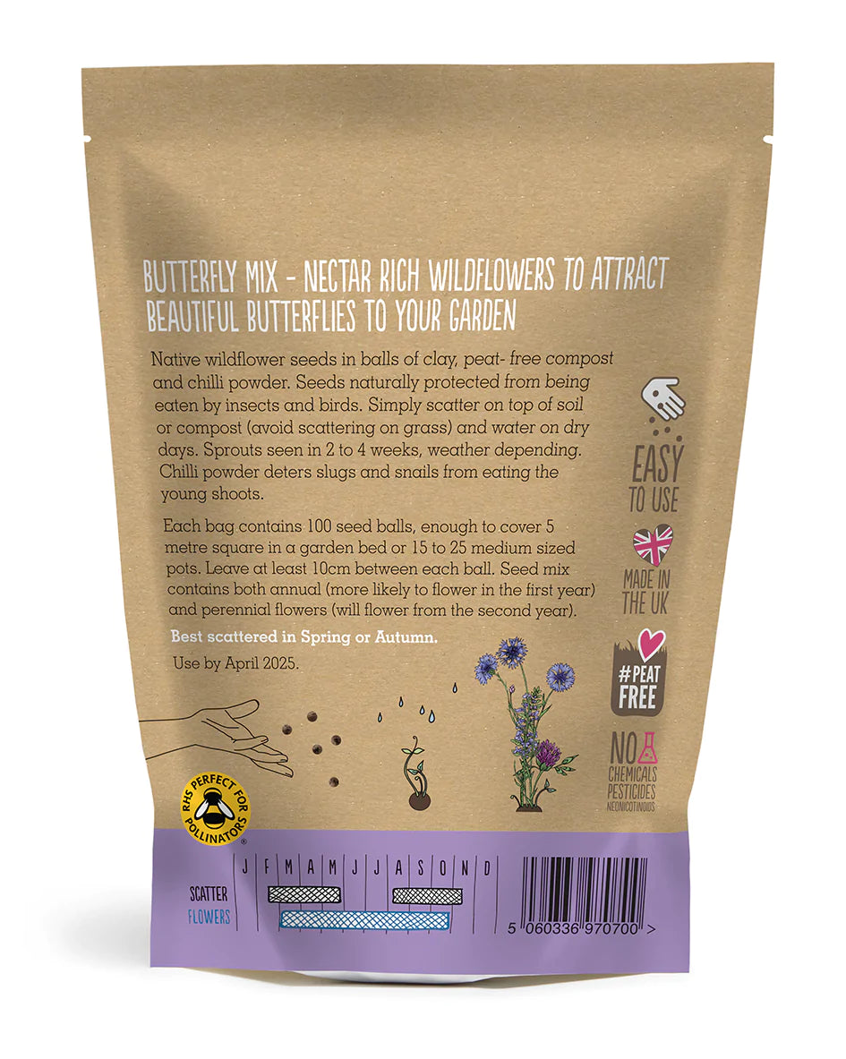 The back of the brown bag with sans serif white and black text with sowing instructions. Along the bottom is a light purple border that shows the months to sow, February through May or August through November and the flowering season from March through October.