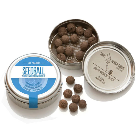 Two sky meadow tins seen from above. One is closed while the other, sitting to the top and right has the lid off. The lid is resting agaisnt the side of the tin so the inside can be seen where the seeding instructions brochure is. Seven of the seed balls are lying in front of th eopen tin, to the right of the closed one.