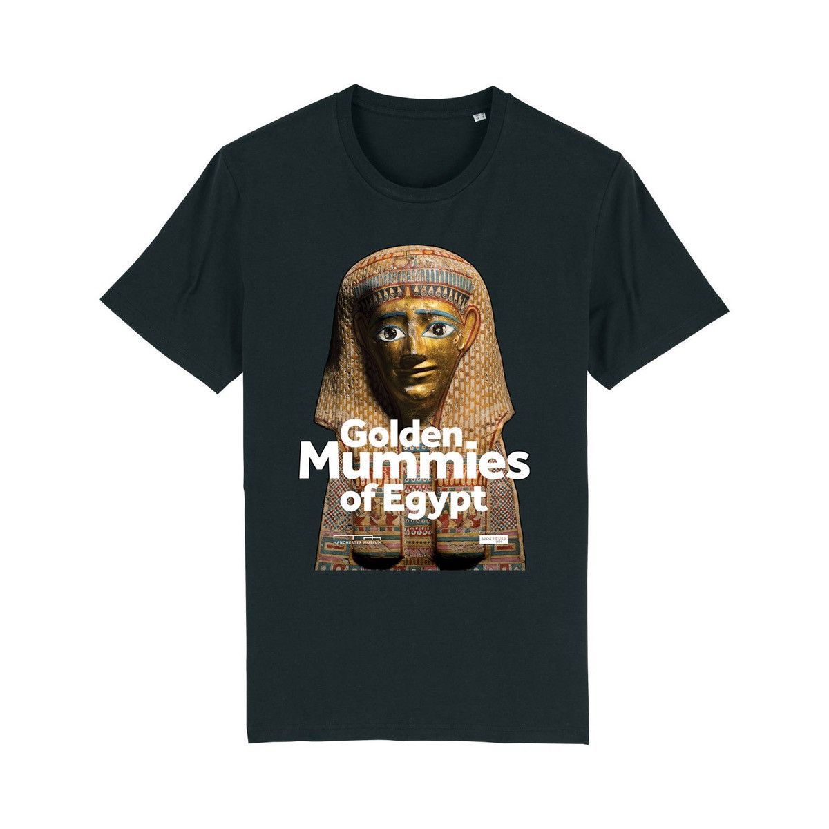 Load image into Gallery viewer, The black t-shirt with a burial mask photography printed on the front with white text reading, golden mummies of Egypt.
