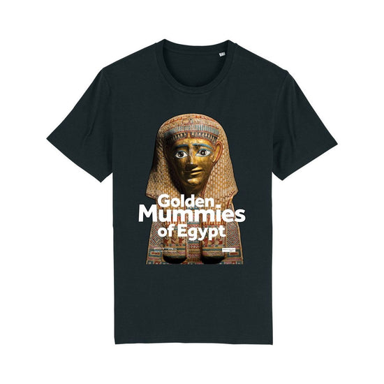 The black t-shirt with a burial mask photography printed on the front with white text reading, golden mummies of Egypt.