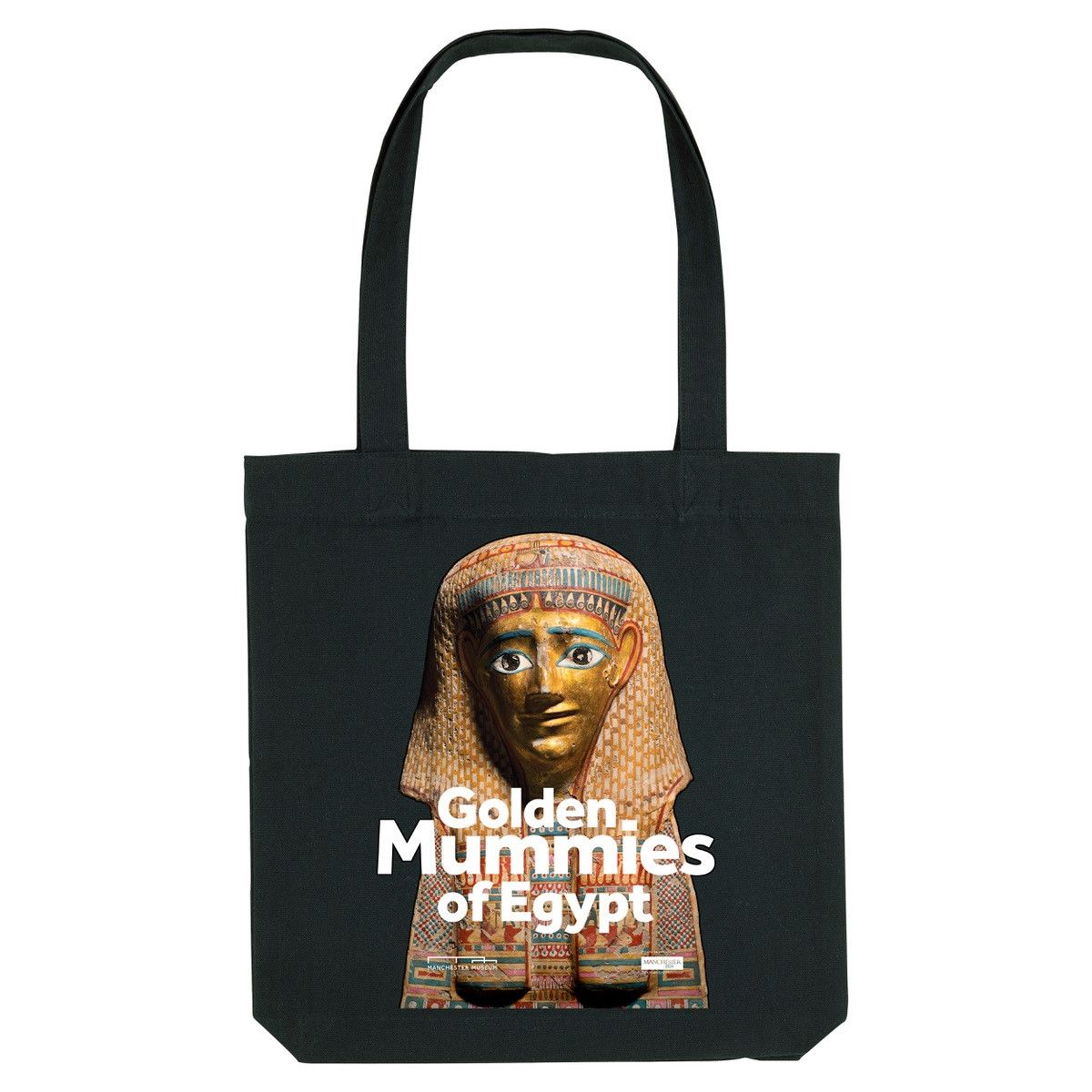 Black tote with burial mask photography and white text saying, Golden Mummies of Egypt.