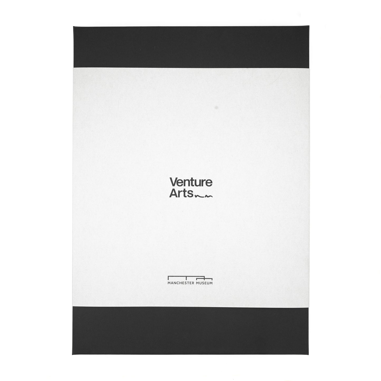 Front cover of a grey and black portfolio box with the Venture Arts logo at the centre and the Manchester Museum logo at the bottom centre - white background.