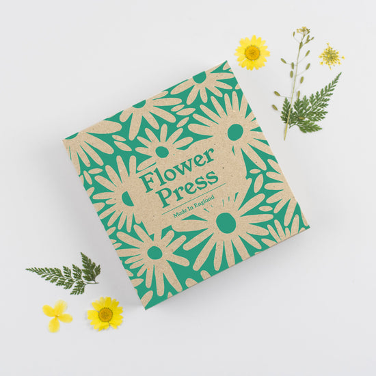 Load image into Gallery viewer, Packaging for flower press with green and cream flower pattern. Pressed daisies decorate next to it.
